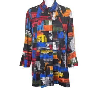 Ali Miles black/multi Jacket, artistic, statement, modern abstract, Lagenlook